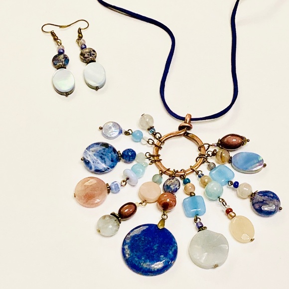 JK Designs Jewelry - ENERGY Multi-Gemstone Assemblage Style BOHO Necklace & Jasper MOP Earrings